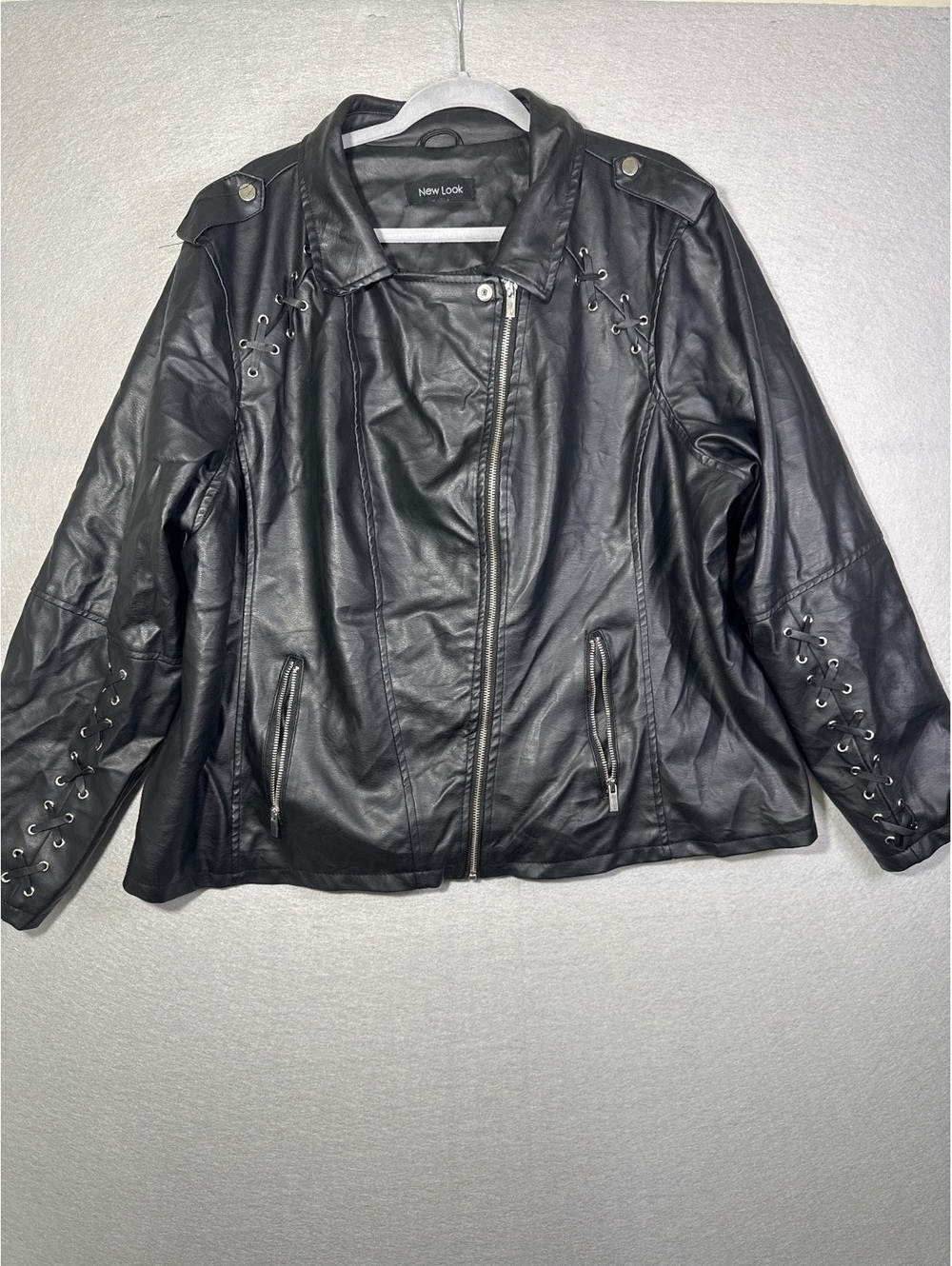 New Look Black Faux Leather Motorcycle Jacket with Lace-Up Details